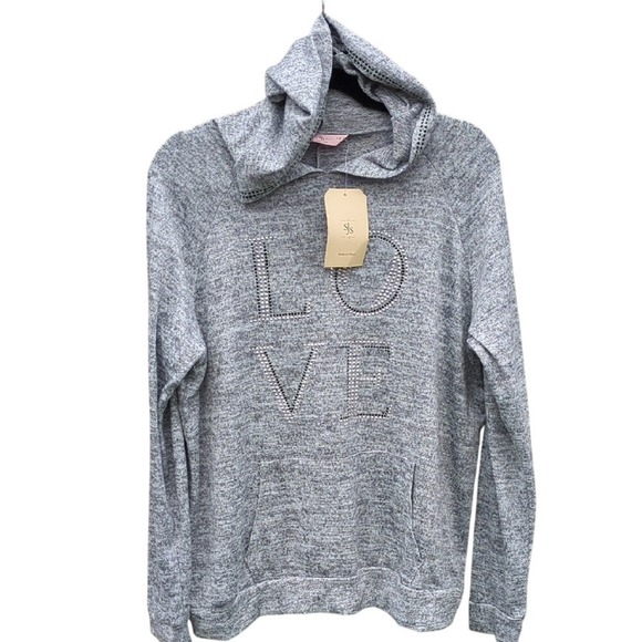 SJS Tops - SJS Womens Gray Love Rhinestone Hoodie Plus Size 1X